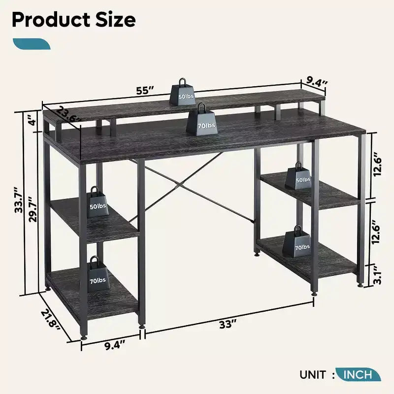 Scrivanie per computer da 55'' con libreria reversibile, scrivania da lavoro in piedi per ufficio domestico/studio/gaming