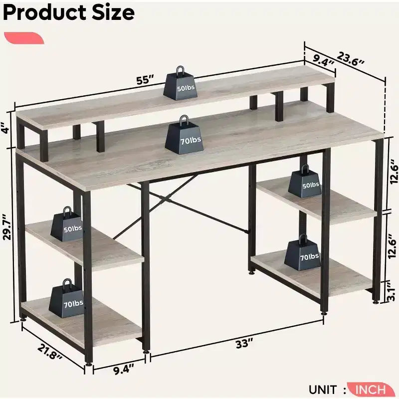 Scrivanie per computer da 55'' con libreria reversibile, scrivania da lavoro in piedi per ufficio domestico/studio/gaming