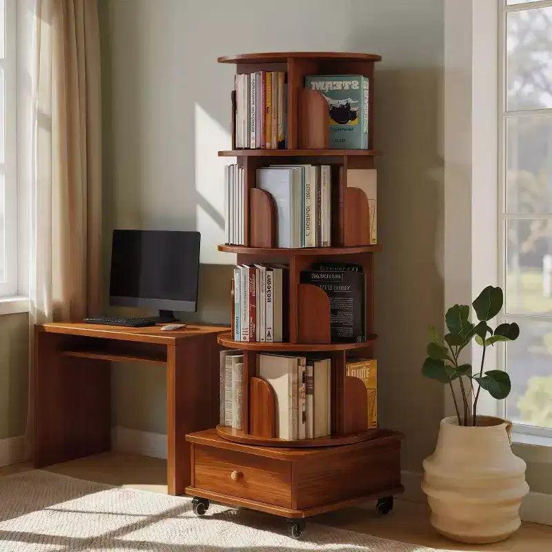 Libreria angolare a 5 ripiani a 360° con cassetto per piccoli spazi, scaffale portaoggetti da pavimento per soggiorno, bianco