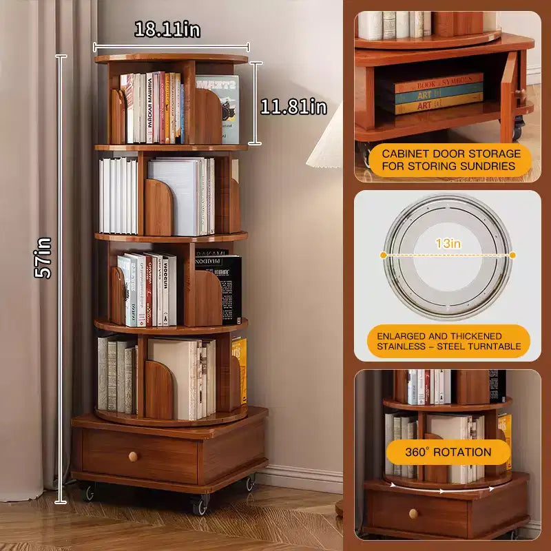 Libreria angolare a 5 ripiani a 360° con cassetto per piccoli spazi, scaffale portaoggetti da pavimento per soggiorno, bianco
