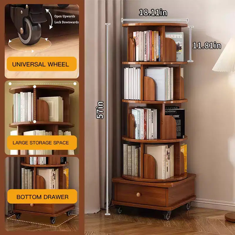Libreria angolare a 5 ripiani a 360° con cassetto per piccoli spazi, scaffale portaoggetti da pavimento per soggiorno, bianco