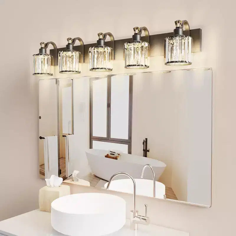 Applique moderna da bagno nera con paralumi in vetro rotondi per specchio e doccia