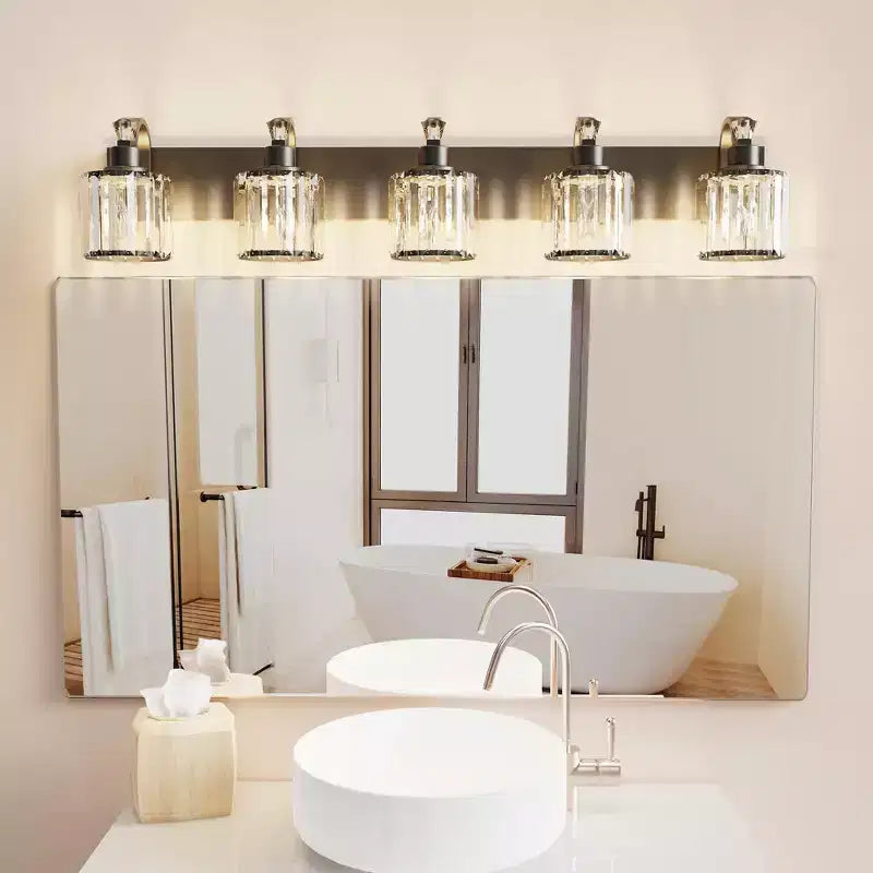 Applique moderna da bagno nera con paralumi in vetro rotondi per specchio e doccia