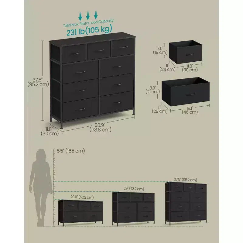 Comò Organizer a 9 Cassetti - Struttura in Acciaio con Cassetti in Tessuto Non Tessuto, Multiuso per Camera da Letto, Ufficio