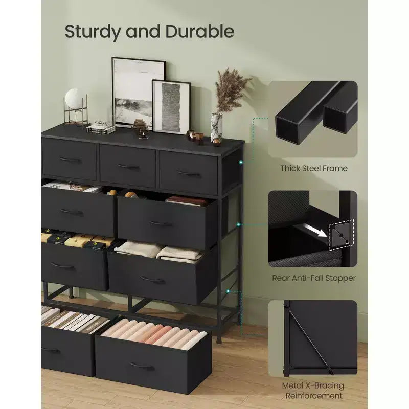 Comò Organizer a 9 Cassetti - Struttura in Acciaio con Cassetti in Tessuto Non Tessuto, Multiuso per Camera da Letto, Ufficio