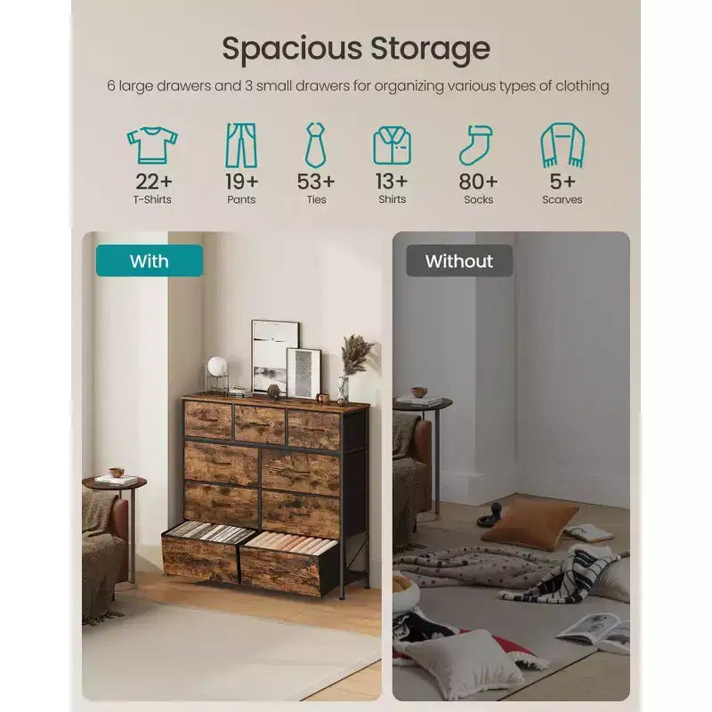 Comò Organizer a 9 Cassetti - Struttura in Acciaio con Cassetti in Tessuto Non Tessuto, Multiuso per Camera da Letto, Ufficio