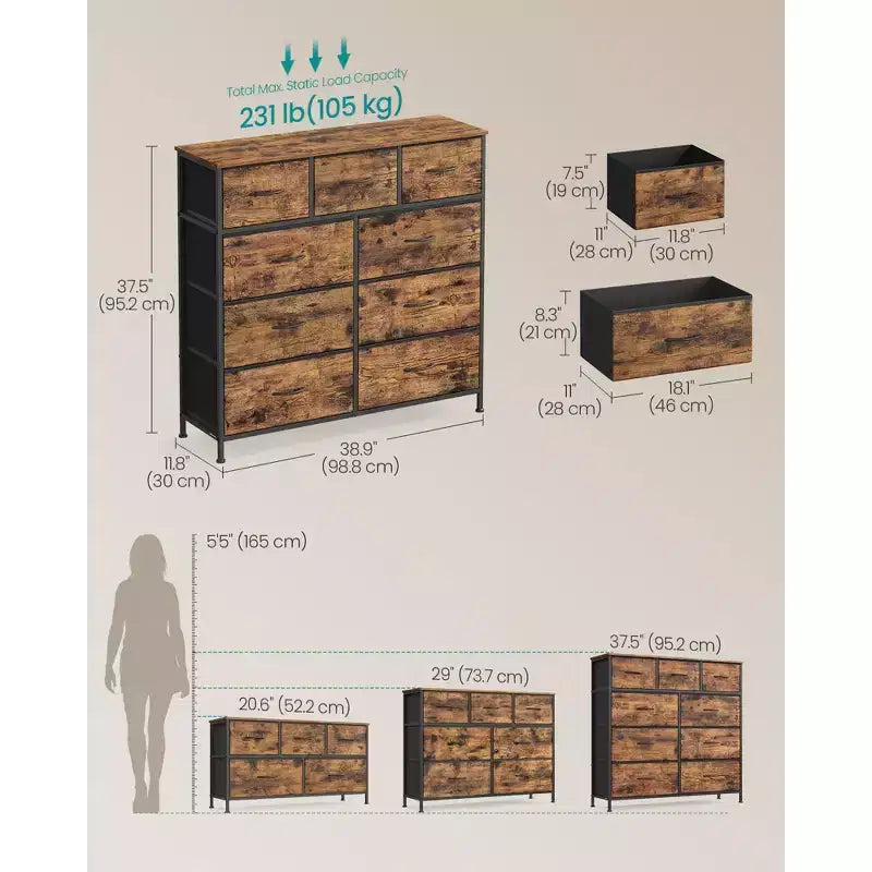 Comò Organizer a 9 Cassetti - Struttura in Acciaio con Cassetti in Tessuto Non Tessuto, Multiuso per Camera da Letto, Ufficio