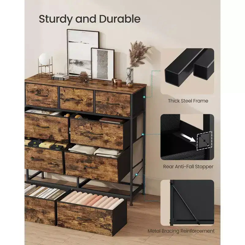 Comò Organizer a 9 Cassetti - Struttura in Acciaio con Cassetti in Tessuto Non Tessuto, Multiuso per Camera da Letto, Ufficio