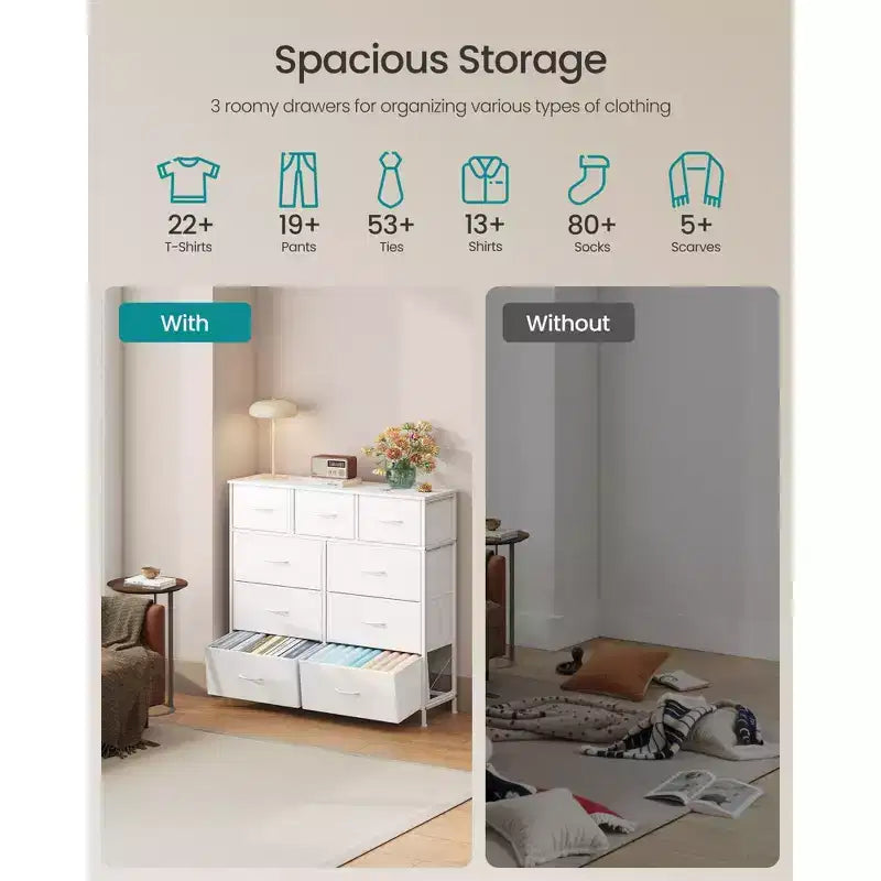 Comò Organizer a 9 Cassetti - Struttura in Acciaio con Cassetti in Tessuto Non Tessuto, Multiuso per Camera da Letto, Ufficio