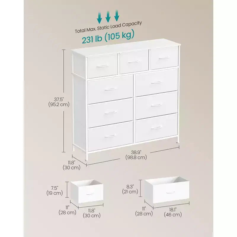 Comò Organizer a 9 Cassetti - Struttura in Acciaio con Cassetti in Tessuto Non Tessuto, Multiuso per Camera da Letto, Ufficio