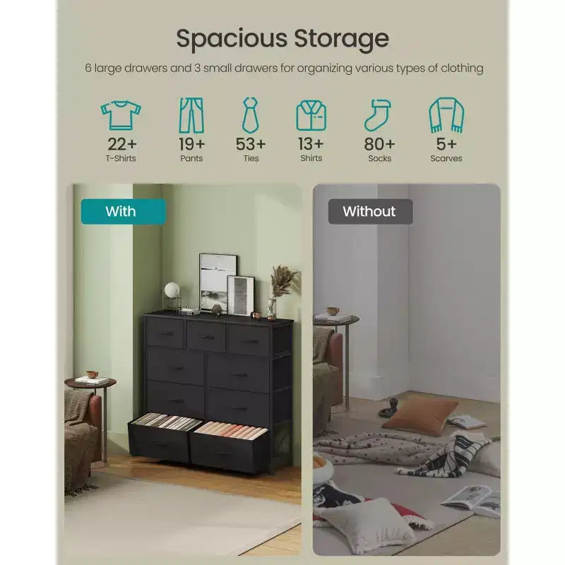 Comò Organizer a 9 Cassetti - Struttura in Acciaio con Cassetti in Tessuto Non Tessuto, Multiuso per Camera da Letto, Ufficio