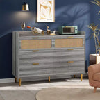 Cassettiera porta TV con bordo rialzato, cassettiera doppia a 6 cassetti, cassettiera da armadio dorata in stile moderno di metà secolo con gambe alte, design in rattan, grande