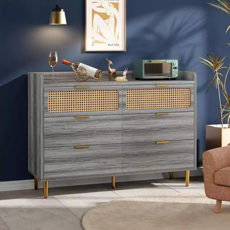 Cassettiera porta TV con bordo rialzato, cassettiera doppia a 6 cassetti, cassettiera da armadio dorata in stile moderno di metà secolo con gambe alte, design in rattan, grande
