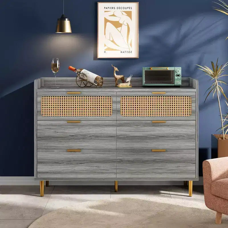 Cassettiera porta TV con bordo rialzato, cassettiera doppia a 6 cassetti, cassettiera da armadio dorata in stile moderno di metà secolo con gambe alte, design in rattan, grande