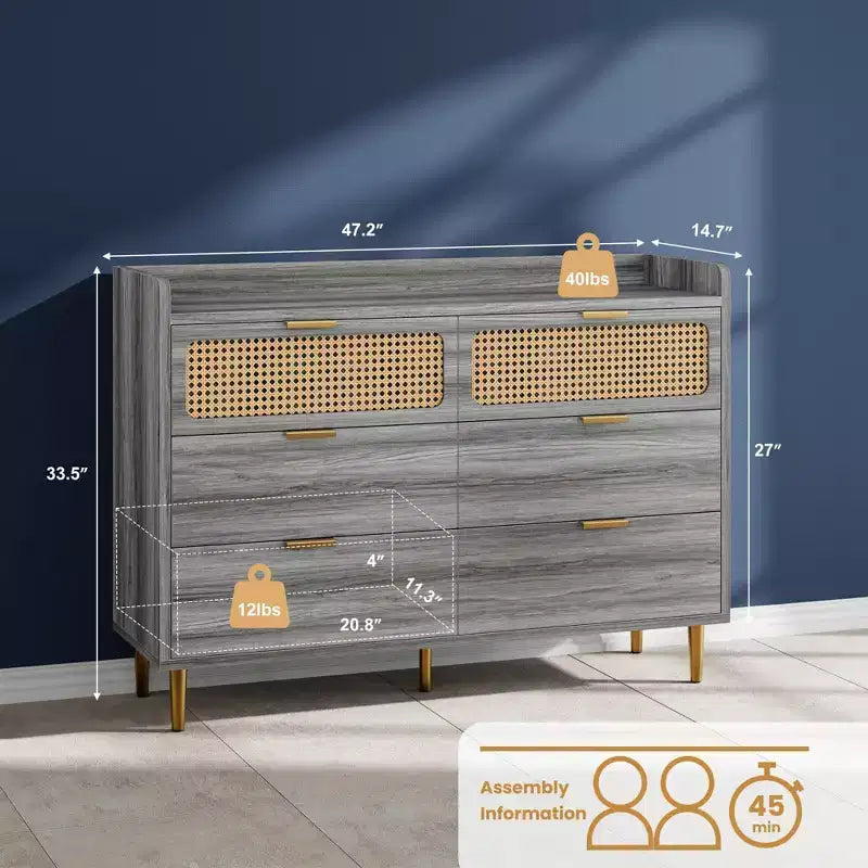 Cassettiera porta TV con bordo rialzato, cassettiera doppia a 6 cassetti, cassettiera da armadio dorata in stile moderno di metà secolo con gambe alte, design in rattan, grande