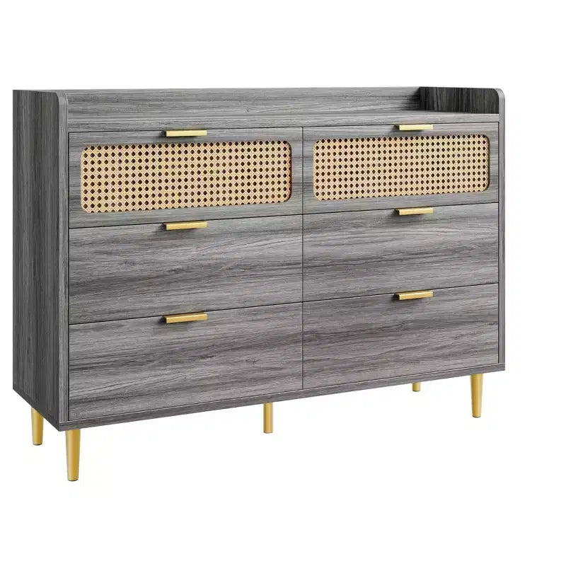 Cassettiera porta TV con bordo rialzato, cassettiera doppia a 6 cassetti, cassettiera da armadio dorata in stile moderno di metà secolo con gambe alte, design in rattan, grande