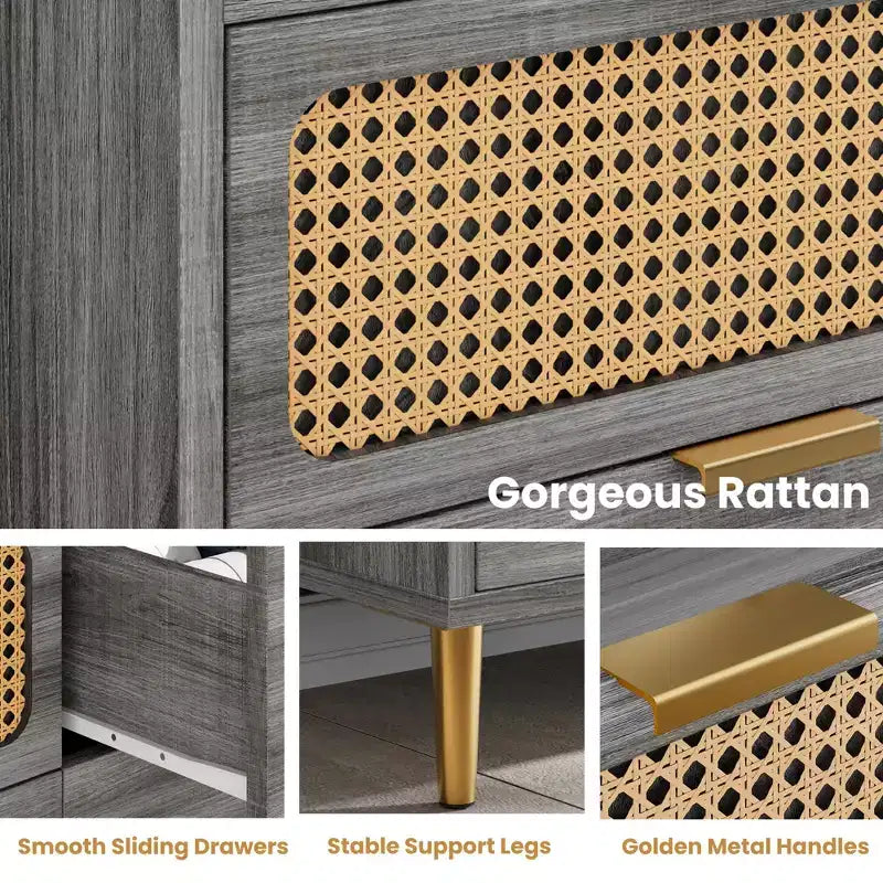 Cassettiera porta TV con bordo rialzato, cassettiera doppia a 6 cassetti, cassettiera da armadio dorata in stile moderno di metà secolo con gambe alte, design in rattan, grande