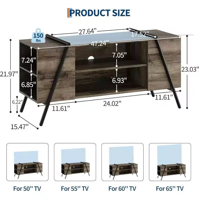 Mobile TV per TV da 50-55 pollici, mobiletto porta TV moderno di metà secolo con spazio per riporre, ripiani regolabili, gambe in metallo a forma di U