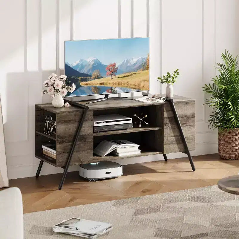 Mobile TV per TV da 50-55 pollici, mobiletto porta TV moderno di metà secolo con spazio per riporre, ripiani regolabili, gambe in metallo a forma di U