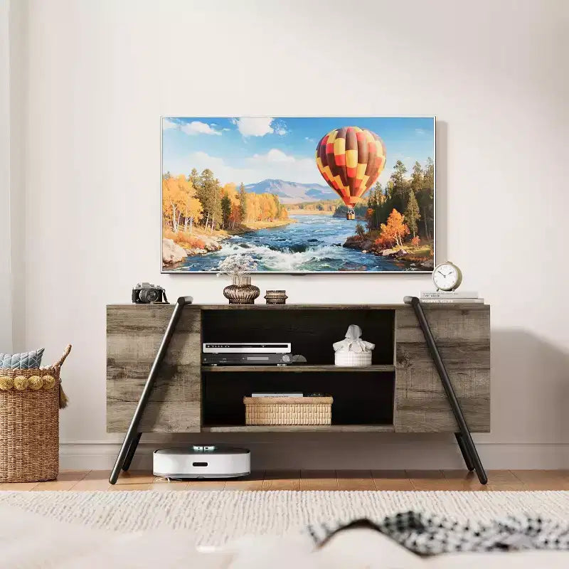 Mobile TV per TV da 50-55 pollici, mobiletto porta TV moderno di metà secolo con spazio per riporre, ripiani regolabili, gambe in metallo a forma di U