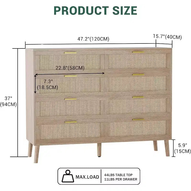 Cassettiera a 8 cassetti in rattan - Comò da fattoria con maniglie dorate per camera da letto e soggiorno