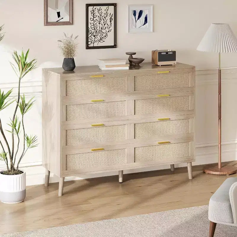 Cassettiera a 8 cassetti in rattan - Comò da fattoria con maniglie dorate per camera da letto e soggiorno