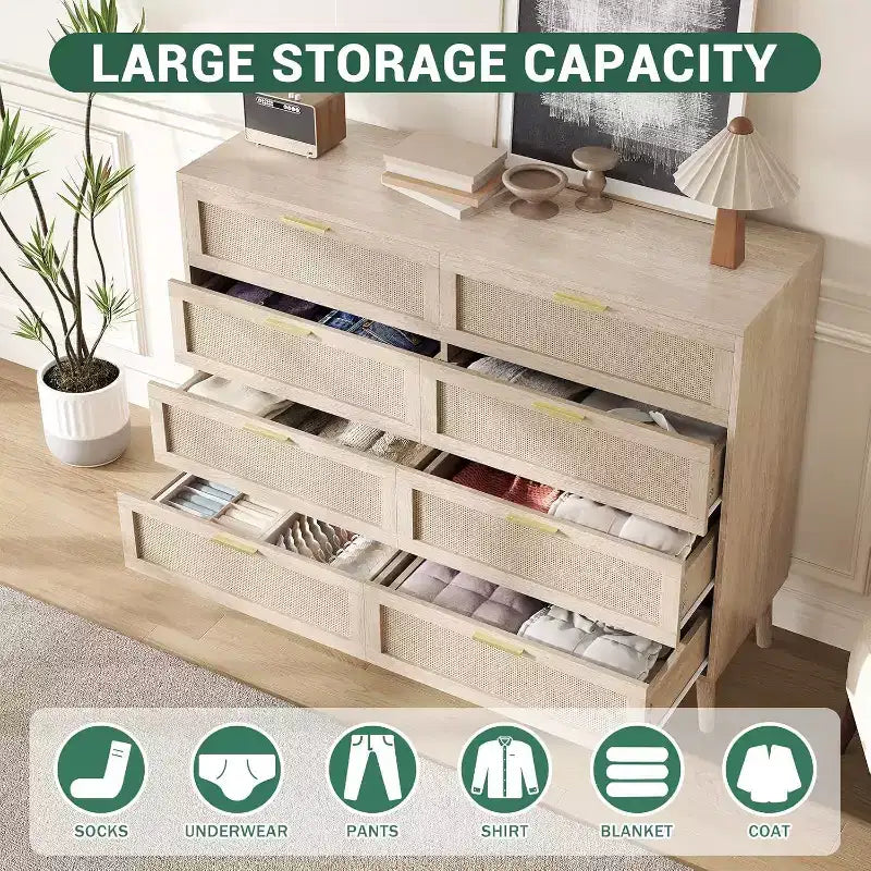 Cassettiera a 8 cassetti in rattan - Comò da fattoria con maniglie dorate per camera da letto e soggiorno