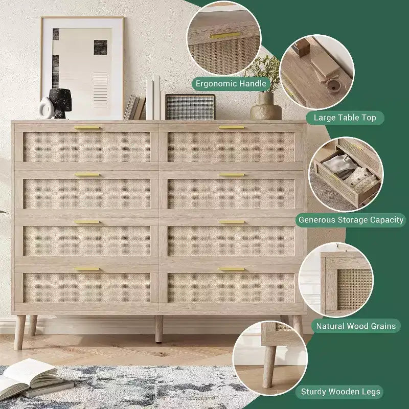 Cassettiera a 8 cassetti in rattan - Comò da fattoria con maniglie dorate per camera da letto e soggiorno