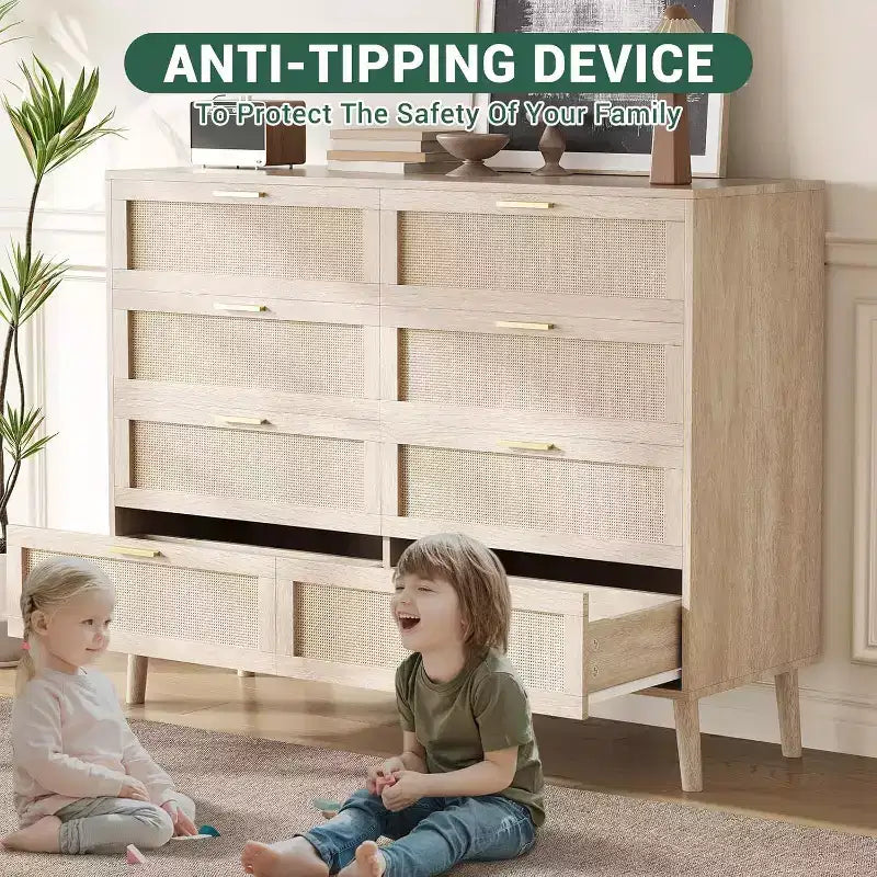 Cassettiera a 8 cassetti in rattan - Comò da fattoria con maniglie dorate per camera da letto e soggiorno