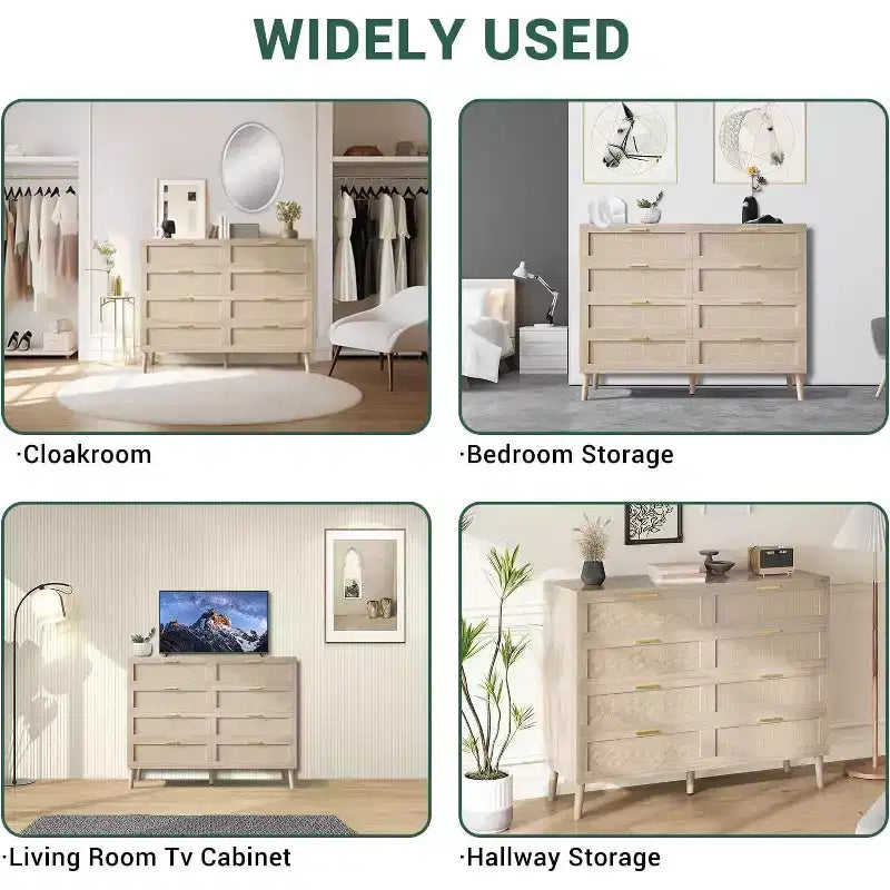 Cassettiera a 8 cassetti in rattan - Comò da fattoria con maniglie dorate per camera da letto e soggiorno