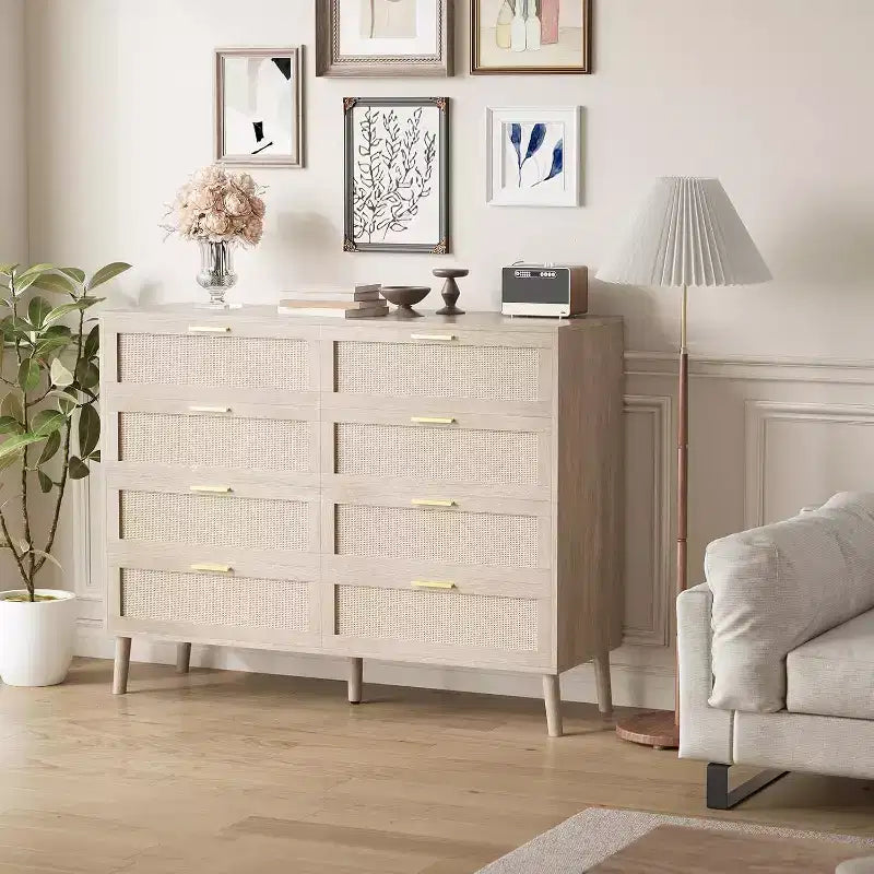 Cassettiera a 8 cassetti in rattan - Comò da fattoria con maniglie dorate per camera da letto e soggiorno