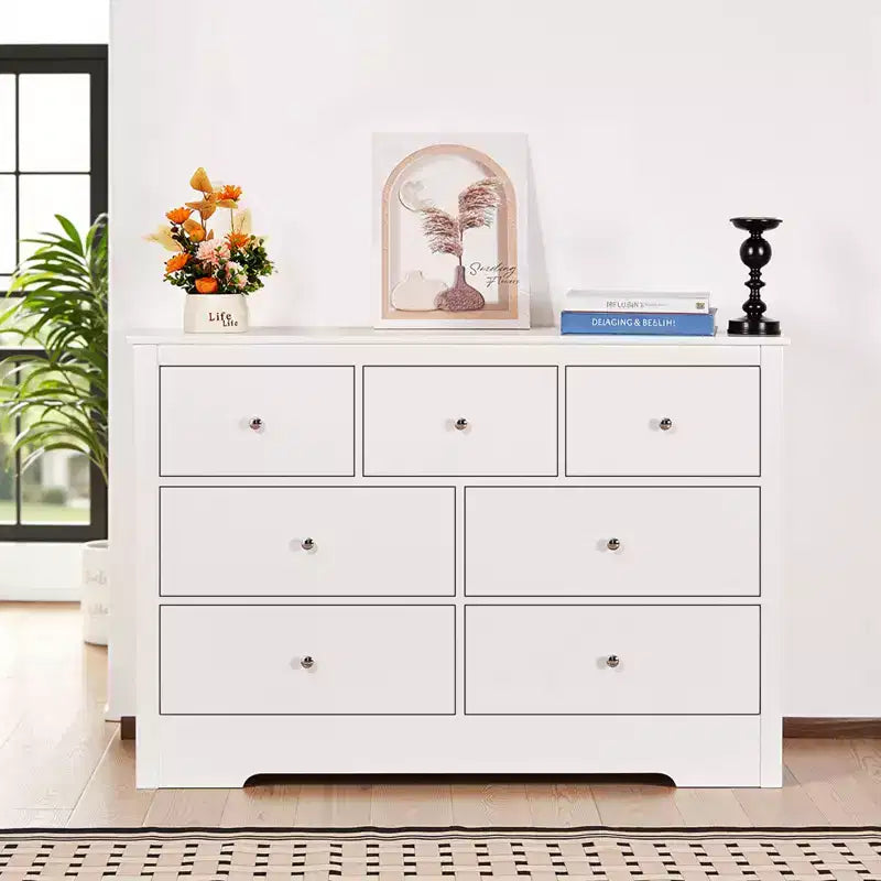 Comò a 7 cassetti, cassettiera in legno scorrevole con dispositivo antiribaltamento, comò moderno minimalista, bianco