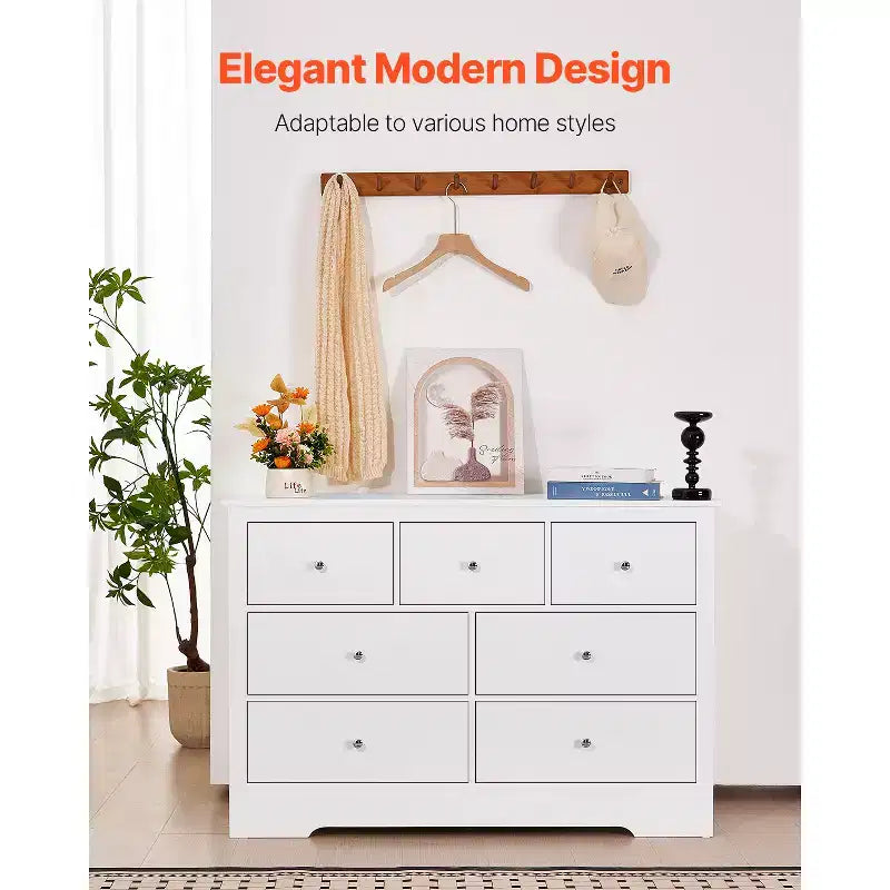 Comò a 7 cassetti, cassettiera in legno scorrevole con dispositivo antiribaltamento, comò moderno minimalista, bianco