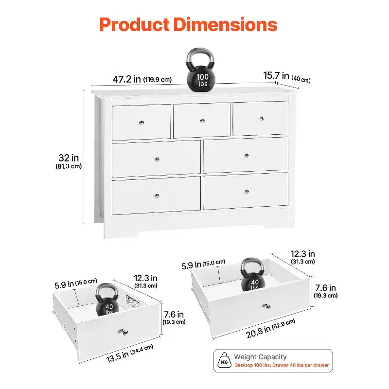 Comò a 7 cassetti, cassettiera in legno scorrevole con dispositivo antiribaltamento, comò moderno minimalista, bianco