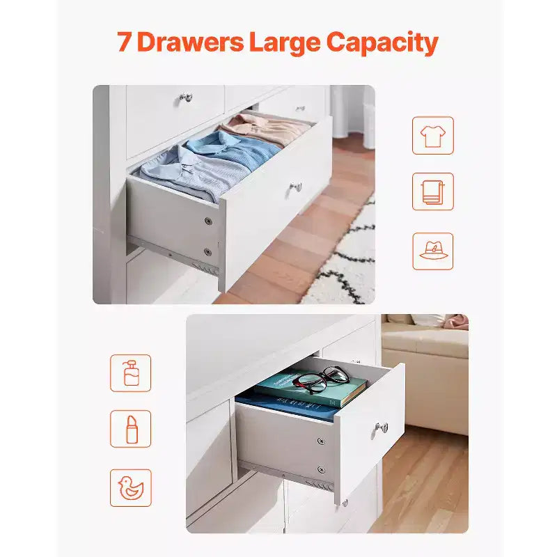 Comò a 7 cassetti, cassettiera in legno scorrevole con dispositivo antiribaltamento, comò moderno minimalista, bianco