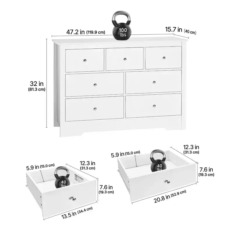 Comò a 7 cassetti, cassettiera in legno scorrevole con dispositivo antiribaltamento, comò moderno minimalista, bianco