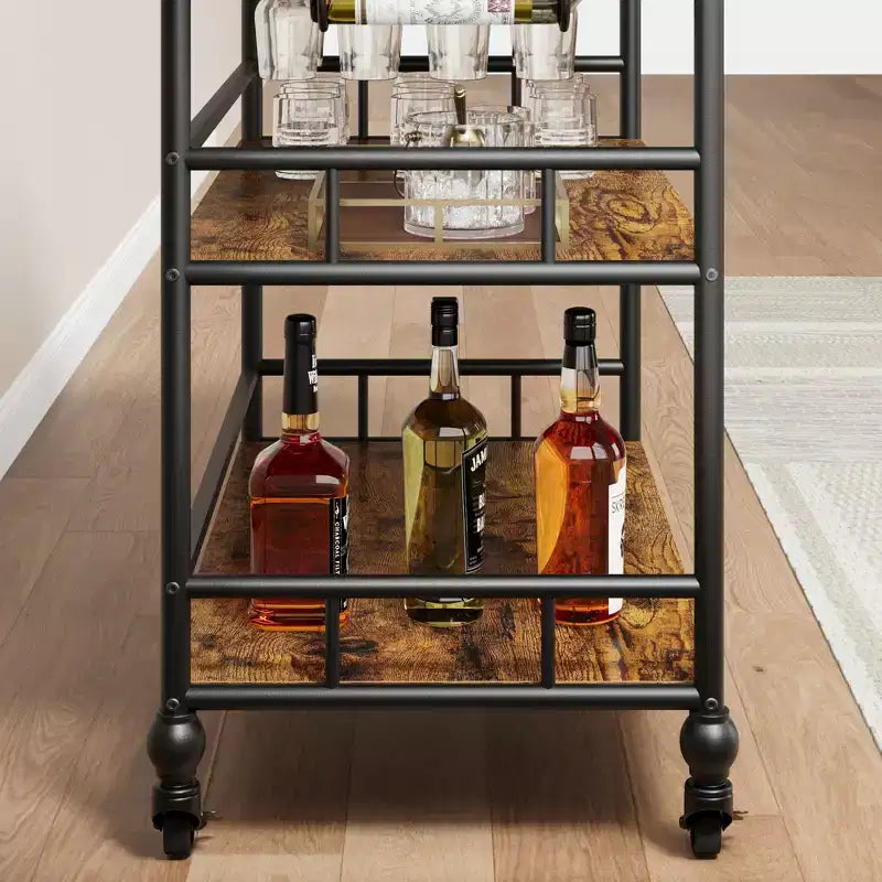 Carrello da Bar a 3 Livelli con Portabottiglie, Carrello da Servizio Mobile con Ruote e Vassoio Rimovibile, Carrello per Liquori, Carrello Portabevande/Microonde, Marrone