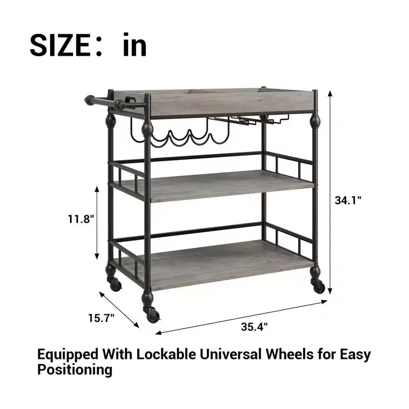 Carrello da Bar a 3 Livelli con Portabottiglie, Carrello da Servizio Mobile con Ruote e Vassoio Rimovibile, Carrello per Liquori, Carrello Portabevande/Microonde, Marrone