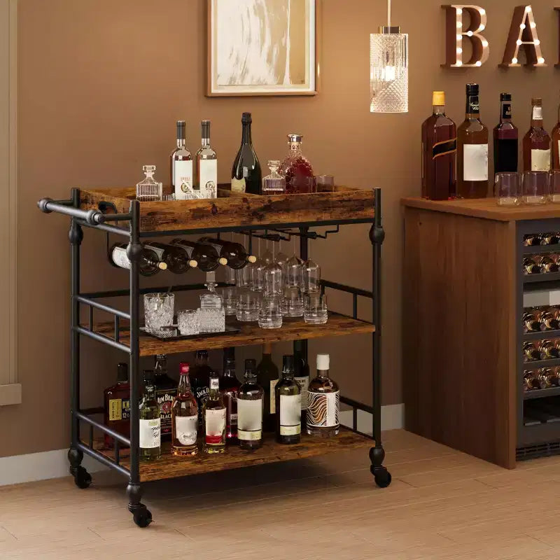Carrello da Bar a 3 Livelli con Portabottiglie, Carrello da Servizio Mobile con Ruote e Vassoio Rimovibile, Carrello per Liquori, Carrello Portabevande/Microonde, Marrone