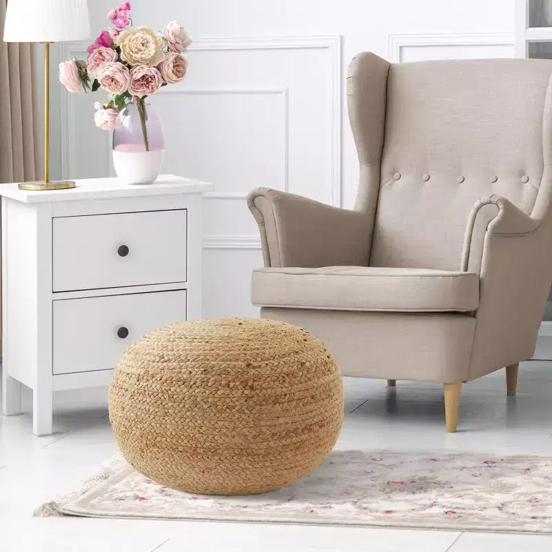 Pouf ottomano in juta intrecciato a mano, 19 rotondo x 10-1/2 poggiapiedi alto, poggiapiedi intrecciato naturale, decorazioni bohemien da fattoria per soggiorno, camera da letto