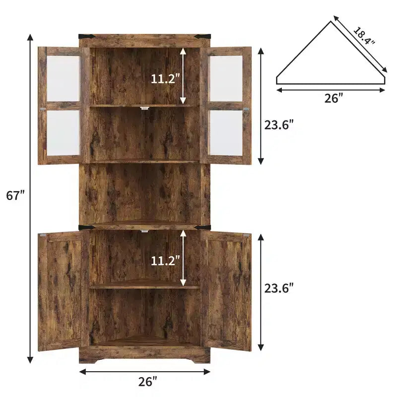 Armadietto angolare alto 67" con luci, vetrinetta angolare rustica con ante in vetro, organizer contenitore in legno per soggiorno