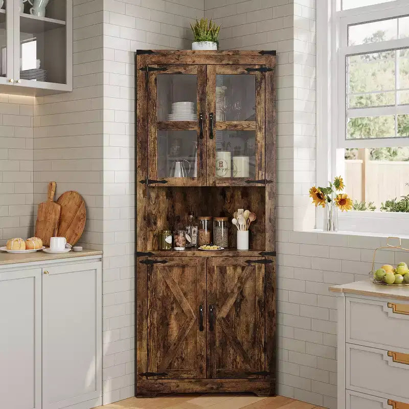 Armadietto angolare alto 67" con luci, vetrinetta angolare rustica con ante in vetro, organizer contenitore in legno per soggiorno