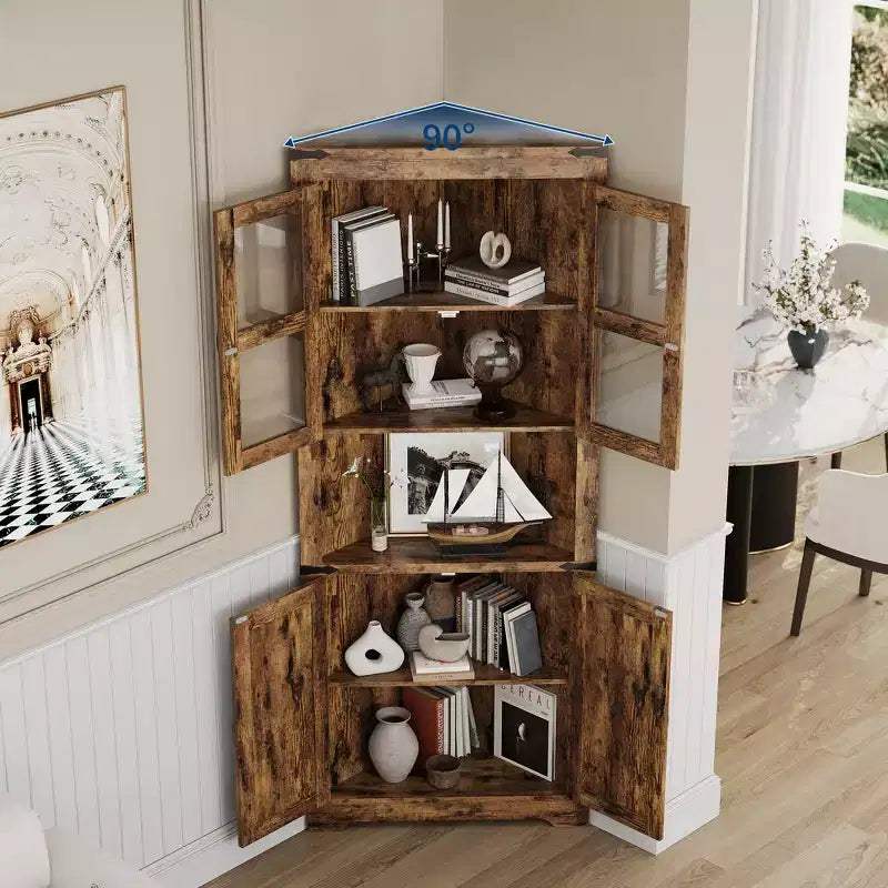 Armadietto angolare alto 67" con luci, vetrinetta angolare rustica con ante in vetro, organizer contenitore in legno per soggiorno