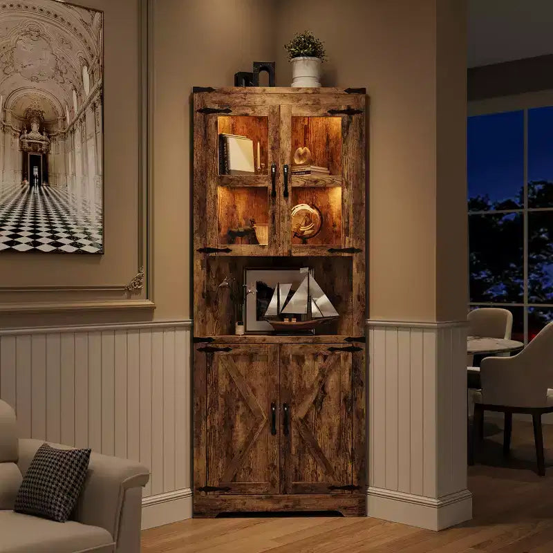 Armadietto angolare alto 67" con luci, vetrinetta angolare rustica con ante in vetro, organizer contenitore in legno per soggiorno