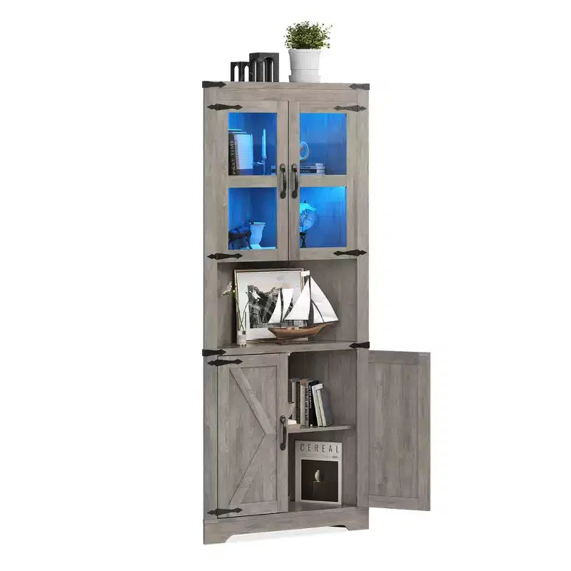 Armadietto angolare alto 67" con luci, vetrinetta angolare rustica con ante in vetro, organizer contenitore in legno per soggiorno