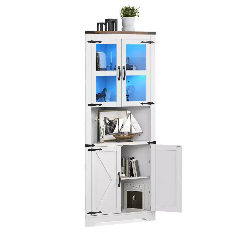 Armadietto angolare alto 67" con luci, vetrinetta angolare rustica con ante in vetro, organizer contenitore in legno per soggiorno