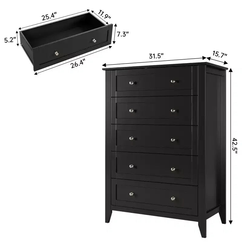 Comodino a 5 cassetti per camera da letto, Comò alto in legno nero con cassetti profondi e manopole in metallo, Comò moderno per camera da letto, ingresso