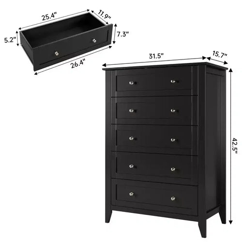 Comodino a 5 cassetti per camera da letto, Comò alto in legno nero con cassetti profondi e manopole in metallo, Comò moderno per camera da letto, ingresso