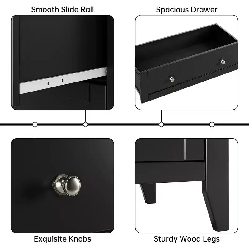 Comodino a 5 cassetti per camera da letto, Comò alto in legno nero con cassetti profondi e manopole in metallo, Comò moderno per camera da letto, ingresso