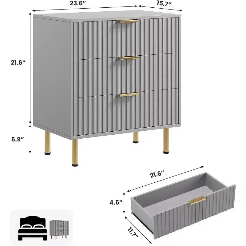 Comò a 3 cassetti per camera da letto, comodino moderno scanalato con cassetti profondi, cassettiera con piano largo, organizer in legno, tavolino